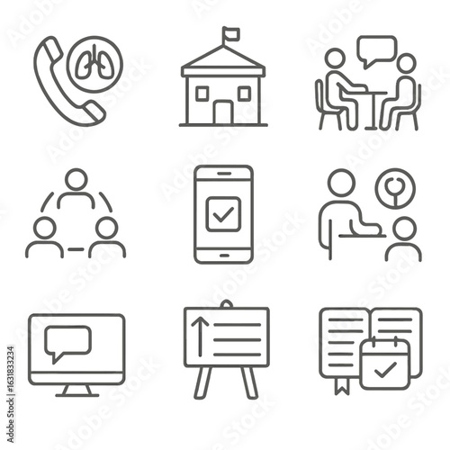 Quitting Support Icons. Line style icons of quitting support systems: hotline phone with lungs icon, quit center building,