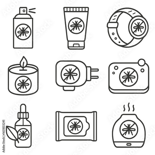 Mosquito Repellent Icons. Line style icons of mosquito repellent products: aerosol spray can, repellent cream tube,