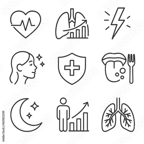 Health Icons Collection. Line style icons of long-term health benefits of quitting: heart rate improvement icon, lung capacity