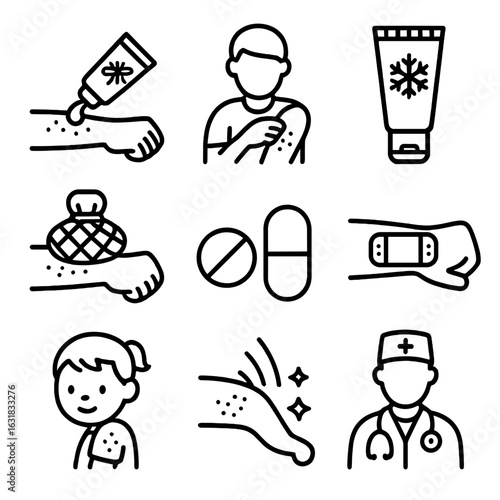 Mosquito Bite Relief Icons. Line style icons of mosquito bite treatment: cream applied to arm, person scratching bite, cooling gel