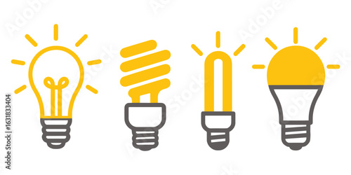 Light Bulb Icon Set – Flat Vector Collection of LED, CFL, Classic, and Tube Bulbs for Idea, Energy, and Innovation Concepts