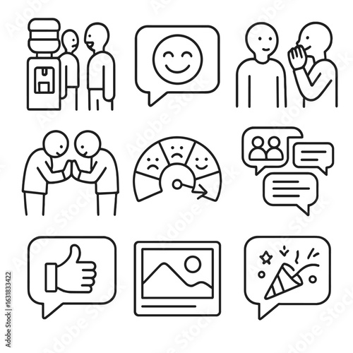 Line Style Communication Icons. Line style icons of informal and cultural communication: water cooler chat icon, emoji in message