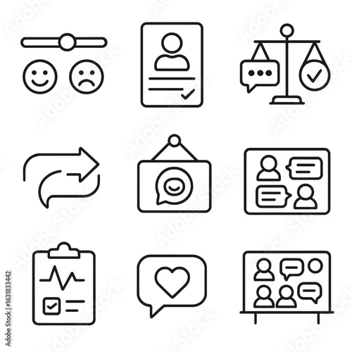 Feedback Icons Set. Line style icons of transparency in feedback culture: feedback with smile/frown slider, open review sheet,