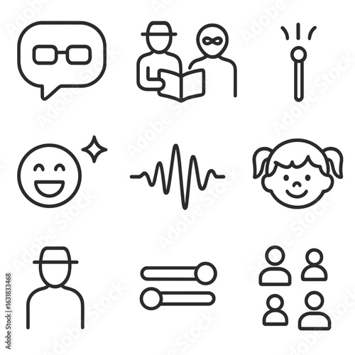 Voice Tone Icons. Line style icons of character voice and tone: voice bubble with glasses, narrator for hero icon, dramatic tone