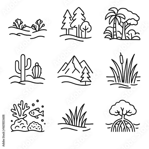 Eco Zones Icons. Line style icons of global eco zones: tundra with low shrubs, temperate forest cluster, tropical rainforest
