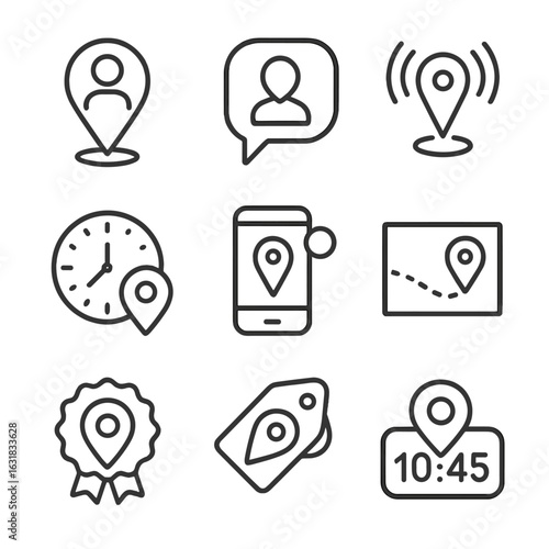 Location Check-In Icons. Line style icons of user check-in and presence: pin with person silhouette, location status bubble, live