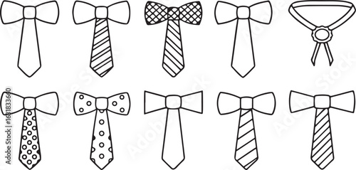 Isolated black tie vector icon set, includes bow tie, necktie, silk tie, wide tie, dotted tie, striped tie, clip-on tie, editable formal fashion vector for businesswear, professional attire, and offic