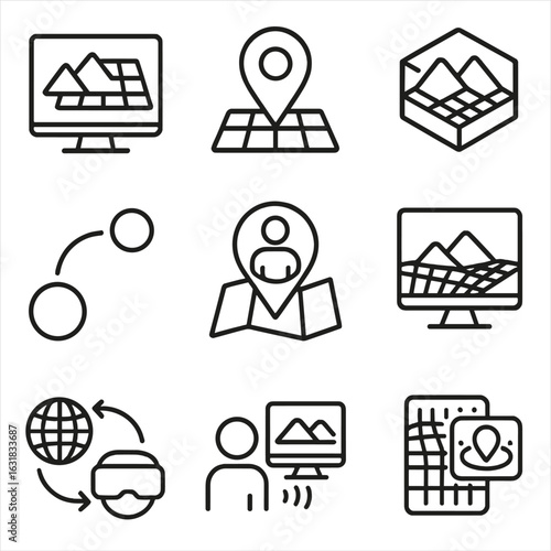 Virtual Geolocation Icons. Line style icons of virtual locations and geodata: digital environment map, metaverse location pin, 3D