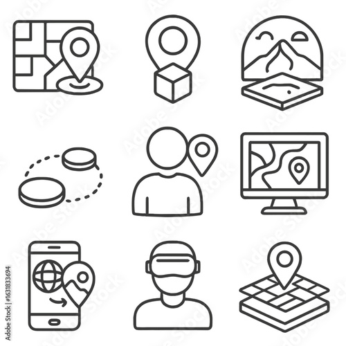 Virtual Location Icons. Line style icons of virtual locations and geodata: digital environment map, metaverse location pin, 3D