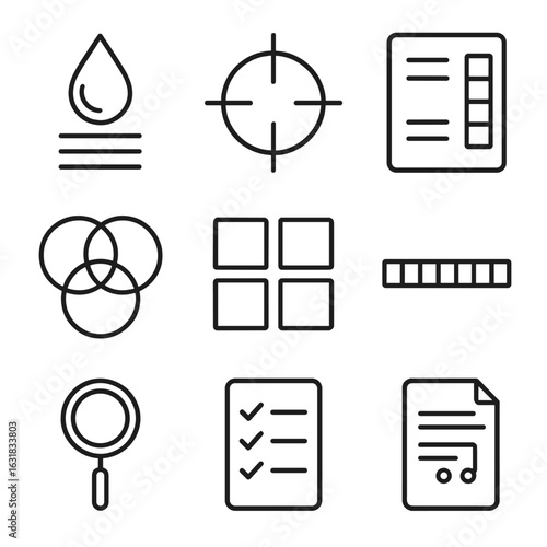 Print Prepress Icons. Line style icons of print and prepress operations: ink density icon, plate alignment mark, registration