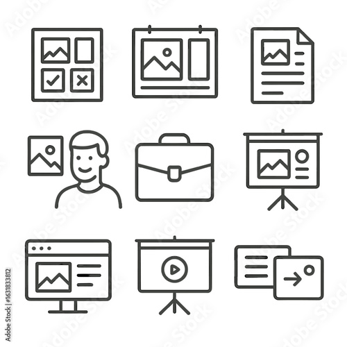 Creative Presentation Icons. Line style icons of creative presentation and pitching: moodboard printout icon, layout preview board