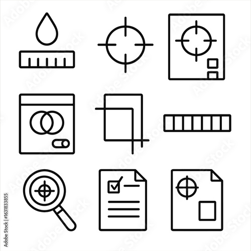 Print Prepress Icons. Line style icons of print and prepress operations: ink density icon, plate alignment mark, registration
