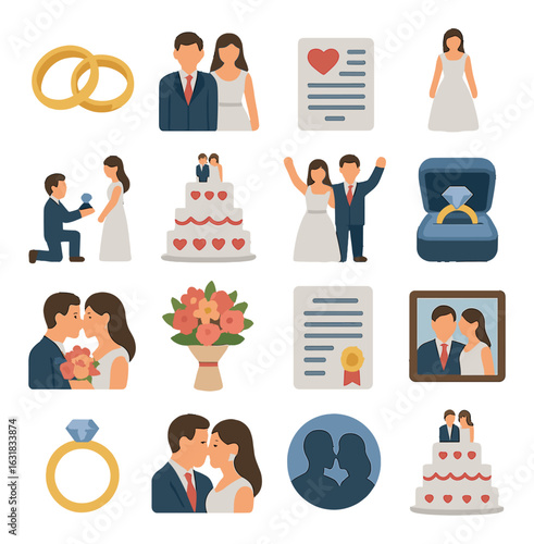 Wedding flat icon set. containing rings, couple, cake, vows, bouquet, photograph, proposal, and more.