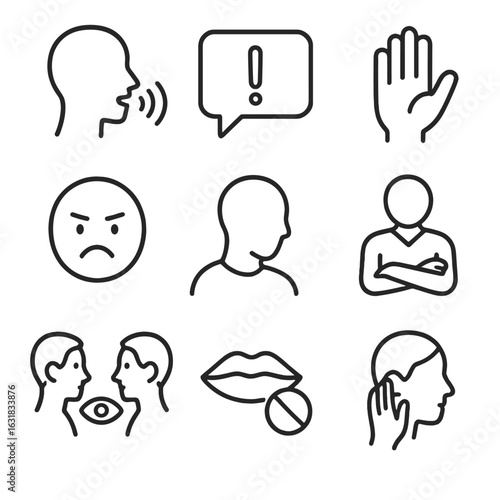 Verbal Non-Verbal Icons. Line style icons of verbal and non-verbal cues: person speaking with lines, speech bubble with