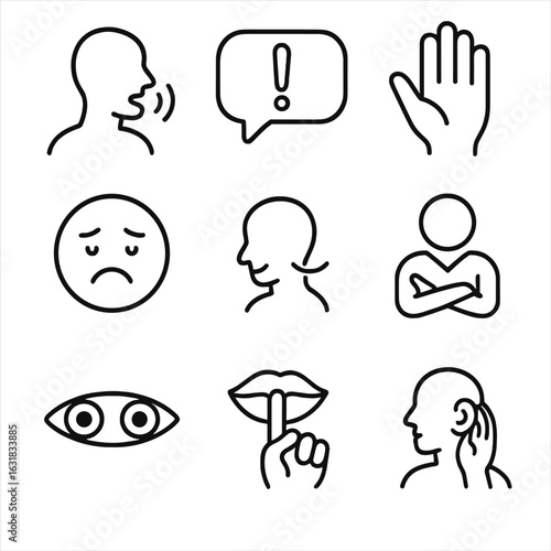 Verbal Non-Verbal Icons. Line style icons of verbal and non-verbal cues: person speaking with lines, speech bubble with