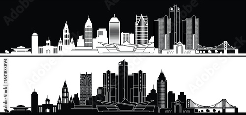 Detroit city skyline silhouette, black and white cityscape, urban architecture vector, iconic buildings illustration, city skyline panorama, modern and historic structures, landmark bridge design