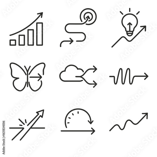 Symbolic Arrow Icons. Line style icons of metaphoric and symbolic arrows: arrow of growth, path of focus arrow, arrow of