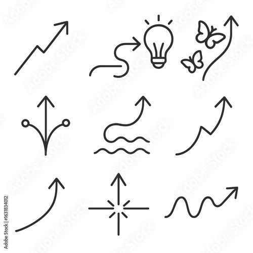 Symbolic Arrow Icons. Line style icons of metaphoric and symbolic arrows: arrow of growth, path of focus arrow, arrow of