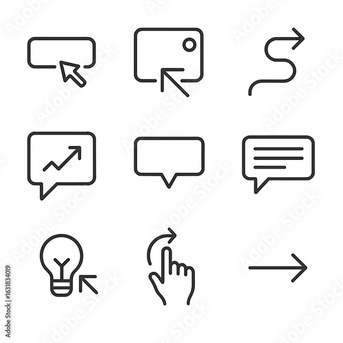 Line Arrow Icons. Line style icons of arrows in user onboarding and tips: arrow pointing to button, highlight step with arrow,