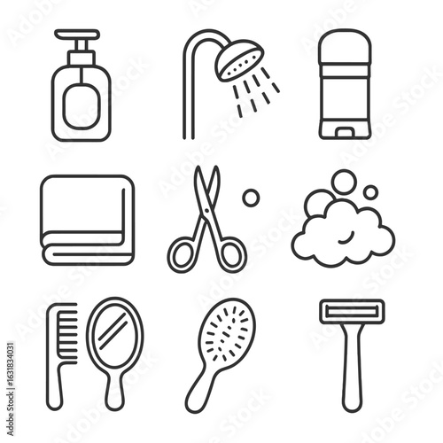 Hygiene Icons Collection. Line style icons of hygiene and grooming: hand soap bottle, showerhead with water, deodorant stick,
