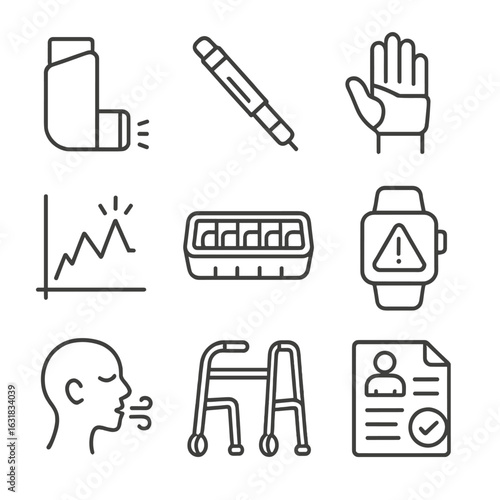Chronic Condition Icons. Line style icons of chronic condition self-care: inhaler icon, insulin pen symbol, arthritis hand support