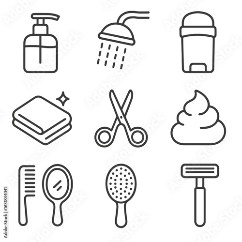 Hygiene Icons Collection. Line style icons of hygiene and grooming: hand soap bottle, showerhead with water, deodorant stick,