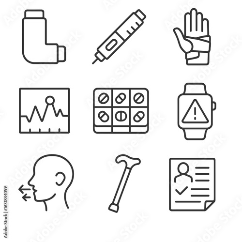 Chronic Condition Icons. Line style icons of chronic condition self-care: inhaler icon, insulin pen symbol, arthritis hand support
