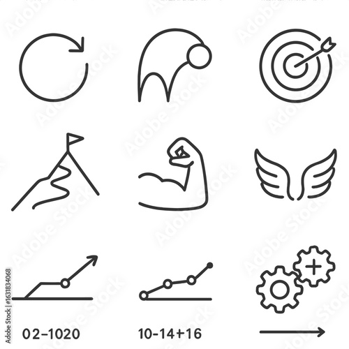 Resilience Iconography. Line style icons of resilience and recovery mindset: comeback arrow icon, bounce-back curve, strength