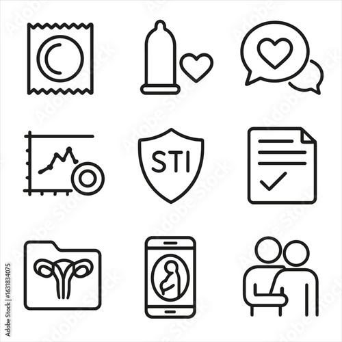 Reproductive Health Icons. Line style icons of reproductive and intimate health: contraception icon, safe intimacy symbol,