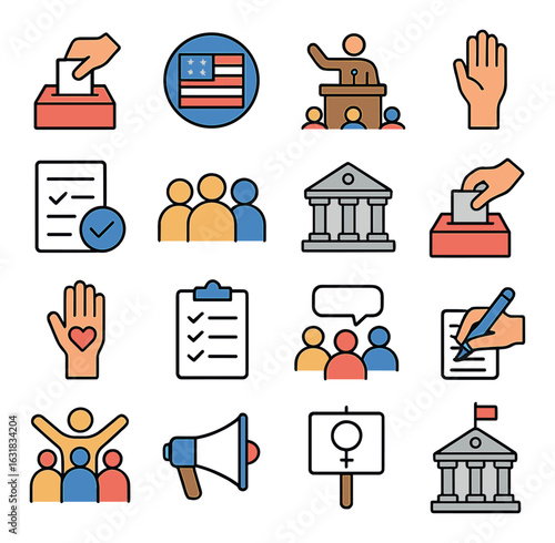 Election linear icons set. ballot, vote, democracy, speech, government, rights, participation, rally, checklist