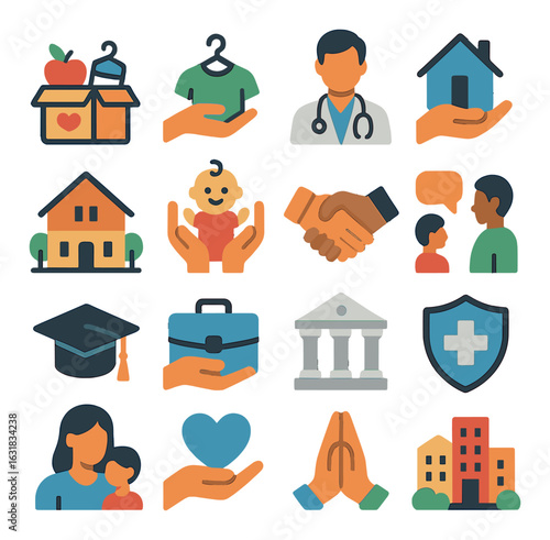 Family support silhouette icon set. includes health, home, education, community, baby, and more.