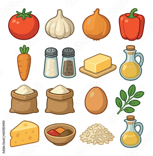 Cooking ingredients flat icon set. includes tomato, garlic, onion, pepper, carrot, spices, butter, oil, and more.