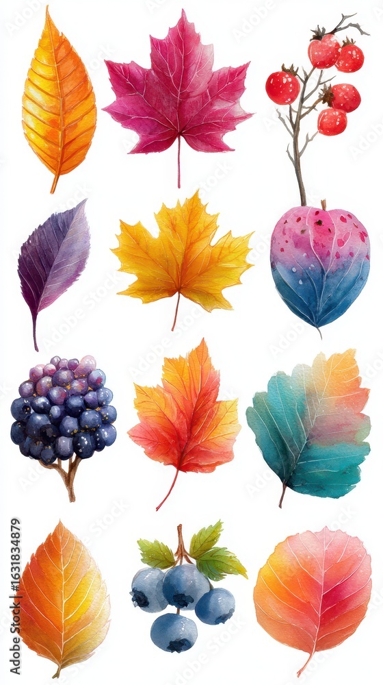 Obraz premium Colorful autumn leaves and berries displayed in a vibrant arrangement showcasing seasonal variety and natural beauty