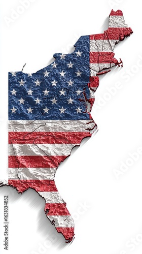 Map of the eastern United States featuring a textured design of the American flag for artistic representation