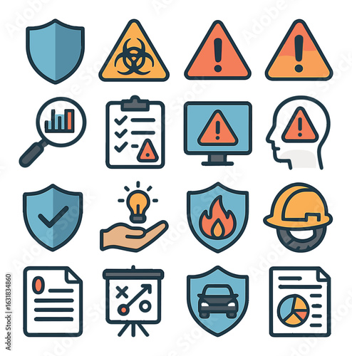 Safety and alert flat icon set. shield, warning, hazard, fire, security, alert, hard hat, chart, protection, helmet