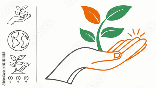 Hand Holding a Growing Plant with Green and Orange Leaves.