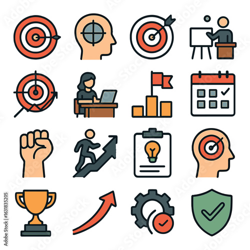 Business strategy linear icon set. includes target, presentation, analysis, growth, innovation, trophy, and more.
