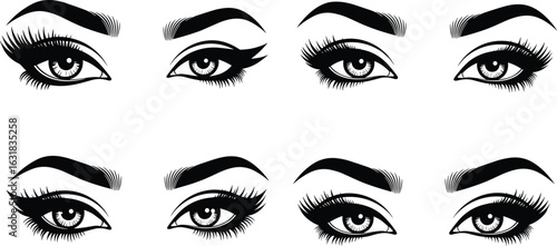 Female eyes vector set, glamorous eye makeup illustrations, beautiful eyeliner and lashes silhouette, fashion beauty design, expressive eye graphic art