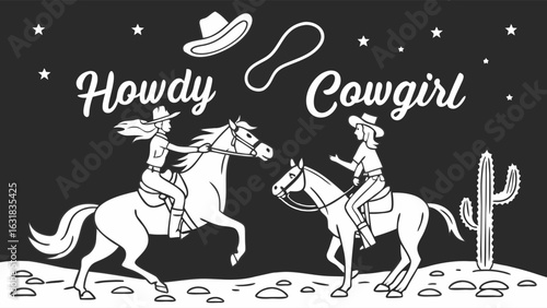 Howdy Cowgirl Two Cowgirls on Horses with Lasso and Cactus.