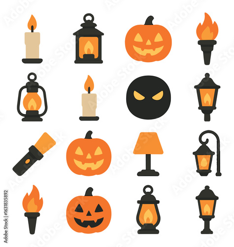Halloween flat icon set. containing pumpkin, lantern, candle, flashlight, lamp, torch.