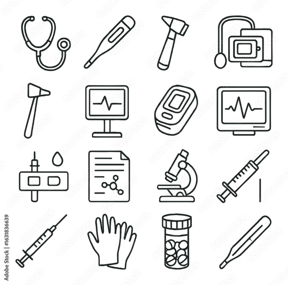 custom made wallpaper toronto digitalMedical linear icon set. containing stethoscope, thermometer, syringe, microscope, monitor, gloves, pills and more.