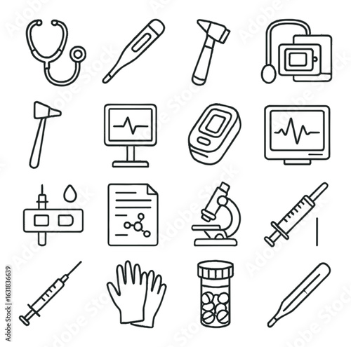 Wallpaper Mural Medical linear icon set. containing stethoscope, thermometer, syringe, microscope, monitor, gloves, pills and more. Torontodigital.ca