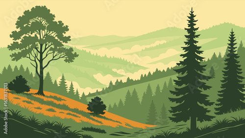 Misty Mountain Landscape with Deciduous and Coniferous Trees.