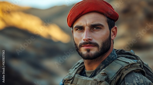 Close-up of a handsome soldier wearing a red beret and combat gear, posing confidently. The background is blurred mountains