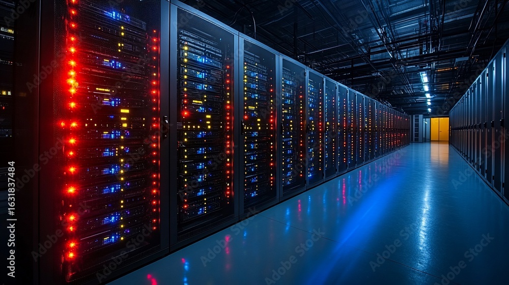 Fototapeta premium Modern data center hallway, illuminated server racks displaying data processing equipment. Dim lighting, rows of technology