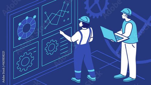 Data Analysis and teamwork: Two individuals collaborating on a data analysis project, using a computer and a digital interface, dressed in protective gear.