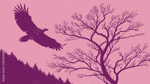 Soaring Eagle: An eagle in silhouette, gracefully soars across a serene and soft background, alongside a detailed tree silhouette, evoking a sense of freedom and strength.