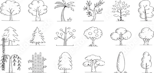 Whimsical tree doodle icon set featuring hand-drawn black and white sketches of apple, palm, pine, willow, bamboo, maple, oak, and cypress trees. Cute cartoon-style illustrations perfect for nature, f