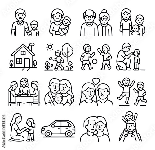 Family linear icons set. includes parents, children, home, play, relationships, bonding, outdoors, activities.
