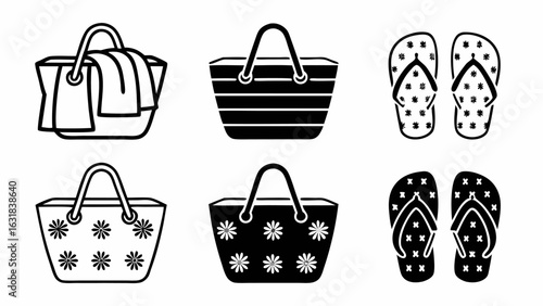 Illustration of beach bags and flip flops in black and white with various designs and patterns displayed neatly silhouette